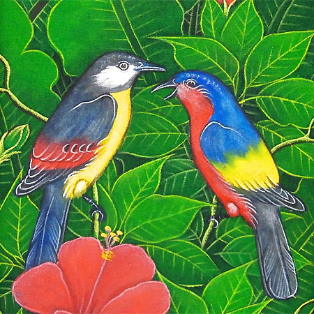 巴厘岛艺术绘画 lm 垂直森林鸟类是灰色和红色的花