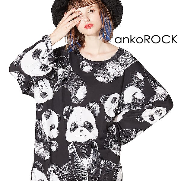 カットソー 総柄 Ankorock 黒白 Tシャツ 服 ユニセックス ブランド ワンピース ブランド アンコロック メンズ ビッグtシャツ レディース 長袖 ロンt クルーネック ロング丈 プリントtシャツ 総柄 大きいサイズ ビッグシルエット オーバーサイズ 黒白 モノトーン ビッグ