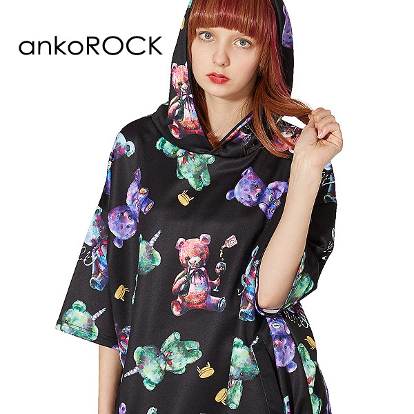 Ankorock アンコロック メンズ パーカー レディース カットソー 宇宙柄 ユニセックス モード 服 カットソー ブランド 半袖 大きいサイズ ビッグシルエット 黒 ブラック プリント テディベア ぬいぐるみ Ankorock原宿系 ファッション 派手 個性的 衣装