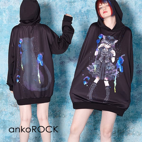 超特価 のankorock アンコロック パーカー メンズ レディース プルオーバー メンズ ワンピース ユニセックス プルオーバー 服 ガール ブランド 長袖 ロング丈 大きいサイズ ビッグシルエット オーバーサイズ 黒 ブラック プリント 女の子 ガール 黒猫 Ankorock原宿系