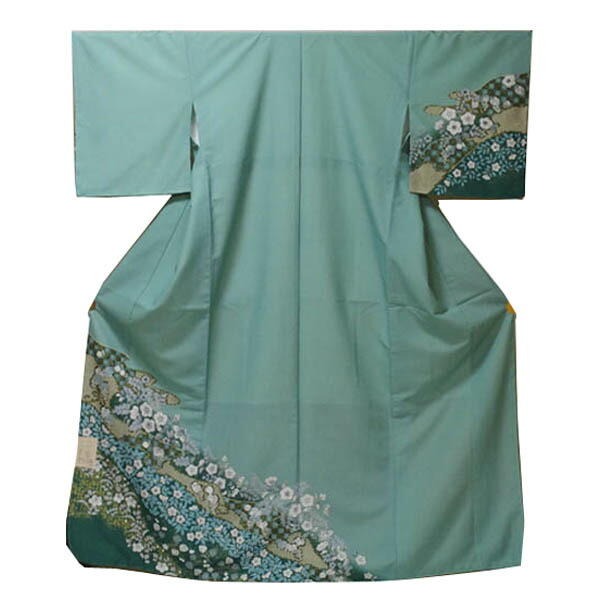 送料無料 日本製 仕立上り袷付下げ記念日白渋花 緑系 109 付け下げ10月 12月春パーティー付下着物 洗えるポリエステル仕事披露宴パーティーお茶会記念日観劇同窓会祝賀会