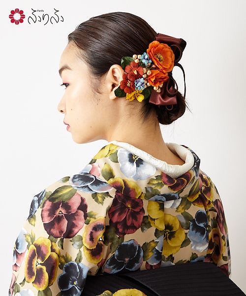 コーム 髪飾り 小花貴婦人カクテル かんざし 髪飾り オレンジ 袴 ブーケ風 七五三 ヘアアクセ 豪華 レトロ モダン 和装 花 成人式 結婚式 アンティーク調 リボン モダン 晴れの日 卒業式 七五三 7才 袴 ふりふオリジナル ふりふ 店ゴールドパールで高級感を カラー