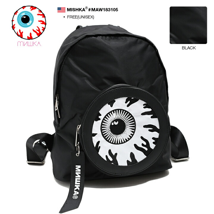 ミシカ Mishka バックパック スウェット リュック Bag メンズ Hiphop レディース 福袋 黒 13l B系 ヒップホップ ストリート系 ファッション ブランド かっこいい おしゃれ Keepwatch キープウォッチ 目玉デザイン キャラクター 刺繍 モノトーン アメカジ モード ギフト