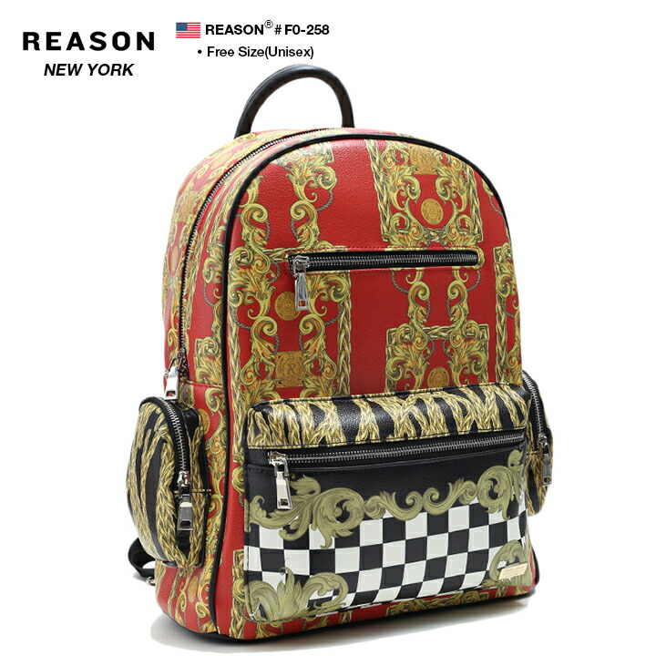 リーズン Reason バックパック リュック メンズ Bag メンズ ダンス衣装 レディース 男女兼用 リーズン 金 B系 ヒップホップ ストリート系 ファッション ブランド かっこいい おしゃれ バロック彫刻花柄 チェッカーフラッグ プリント 総柄 海外セレクト セレブ ラッパー