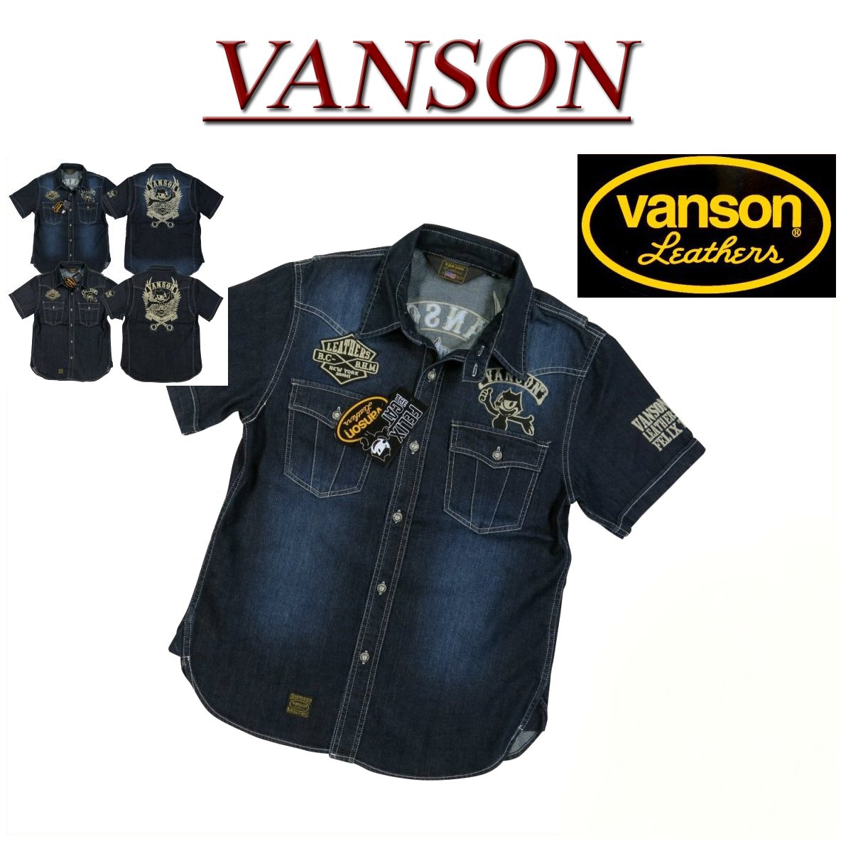 nz842新货vanson×felix the cat协作刺绣古董加工短袖粗斜纹布衬衫fx