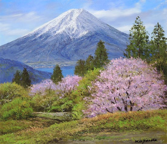 绘画油画富士山和樱花(小川久雄)