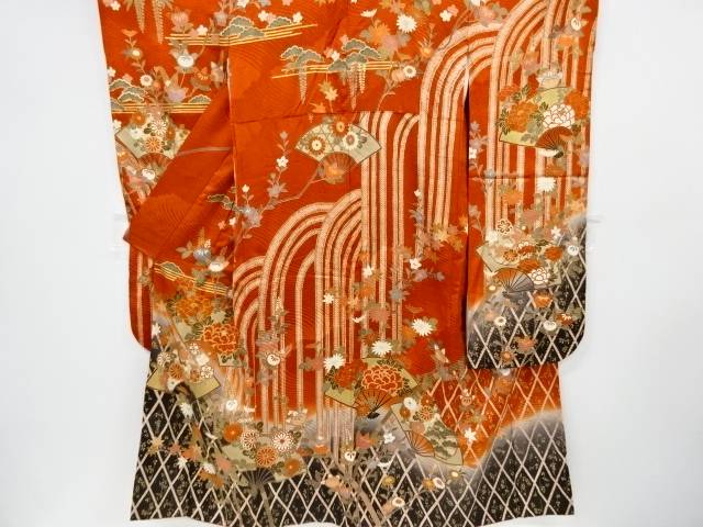 金彩花扇に橘牡丹模様刺繍振袖 袋帯セット リサイクル 着物 和服 中古 Kimono Shinei ２号店 合計3980円以上の購入で送料無料