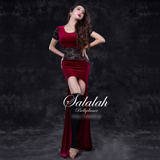 ベリーダンス衣装 ベリーダンス コスチューム レッスンウエア ベロア レースワンピース ブラック 全3色 衣装セット ブラック ワインレッド グリーン Salalah 店ベリーダンス衣装 レッスン着 コスチューム