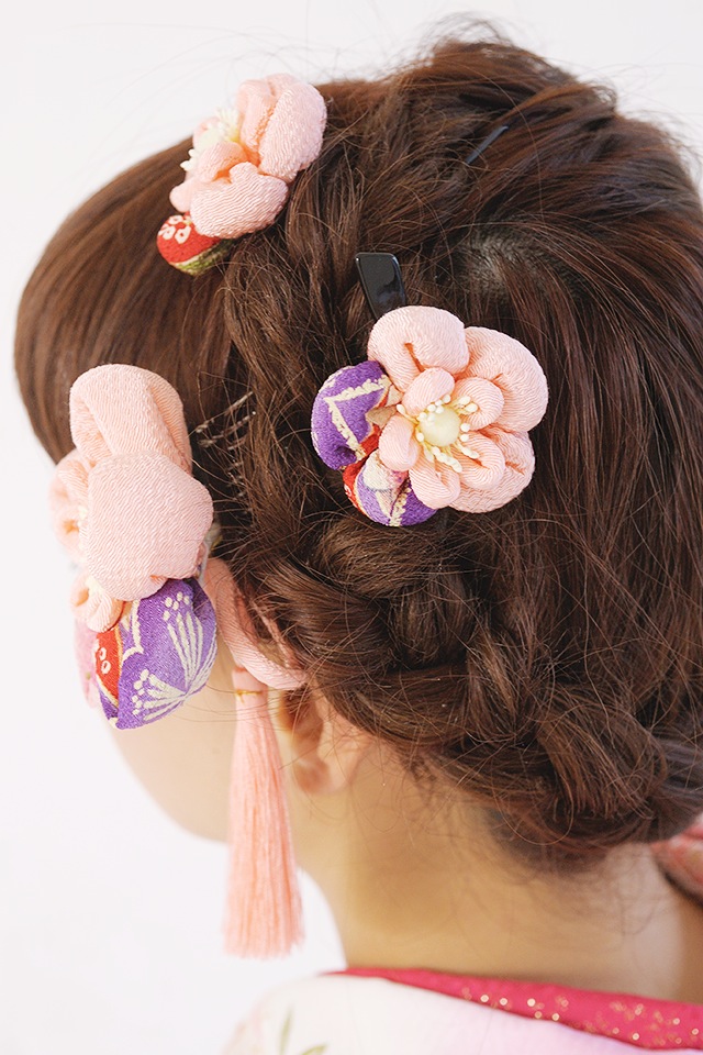 花花粉红梅树绉绸和睦花纹构架装饰簪子发夹头发装饰长袖和服头发配饰