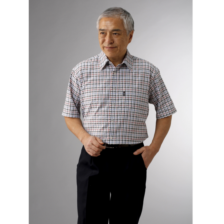 足球布料格子花纹短袖衬衫2色安排(男子上级时装70几岁80代的上级男性