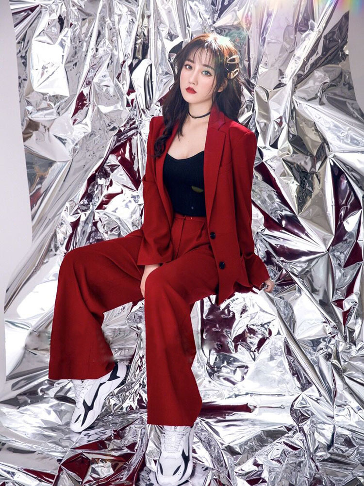 赤 ダンス 衣装 セットアップ 大人 レディース K-POP 韓国 ジャズダンス ヒップホップ 衣装 スーツセット ジャケット 長袖 ワイドパンツ ロングパンツ パンツスーツ 赤パンツ へそ出し 上下セット コート 発表会