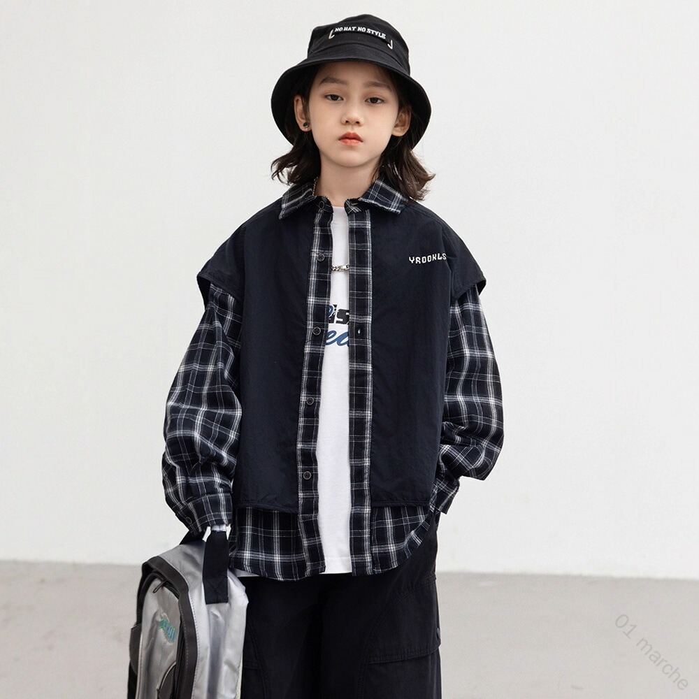 キッズ コート 男の子 春秋 チェック柄 重ね風 ジャケット スタジャン 子供服 コート 大きいサイズ 120cm 130cm 140cm 150cm 160cm 170cm 通園 通学 小学生 中学生 韓国子供服 可愛い おしゃれ