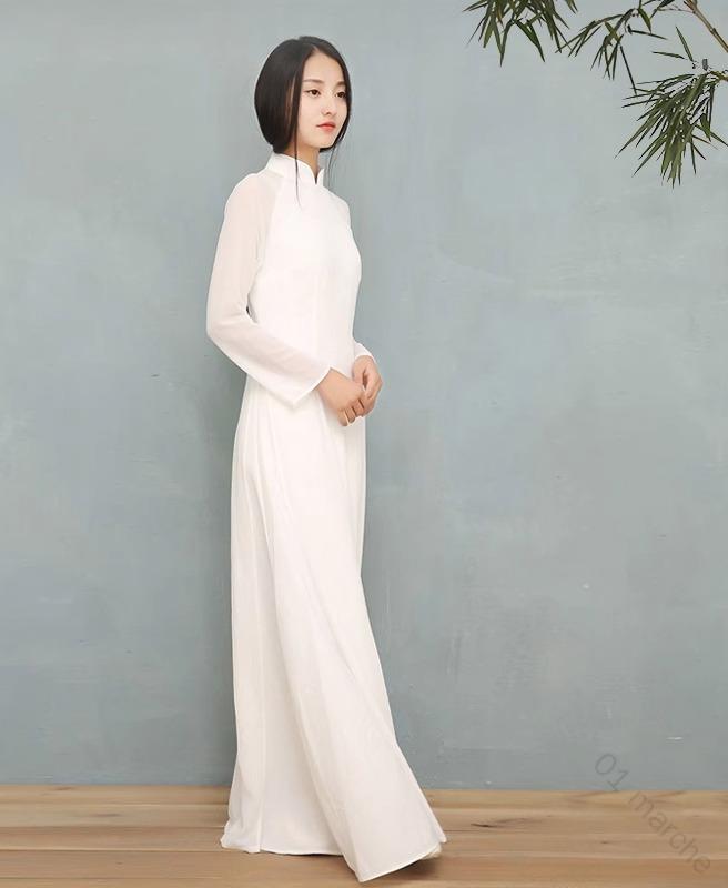 ベトナム 服 アオザイ レディース ワンピース マキシ丈 シフォン 長袖 スタンドカラー プルオーバー 白 レトロ シンプル チャイナドレス 衣装 コスチューム 夏