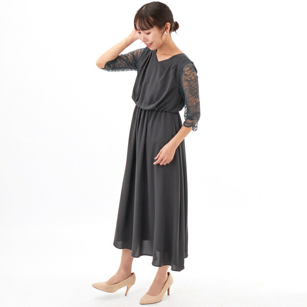 お気に入り ワンピース 袖レースミディ丈ドレス 結婚式 二次会 謝恩会 パーティー エー アール アザレアローズ 高い素材