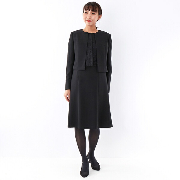 【喪服/礼服/ブラックフォーマルスーツ】ノーカラーレース使いアンサンブル／アンフィニ（INFINE）｜丸井（マルイ）店 15,400円