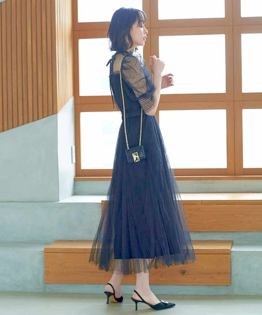 【S～3L】チュールギャザーフレアロングワンピース／ルイルエブティック（RUIRUE BOUTIQUE） 8,123円