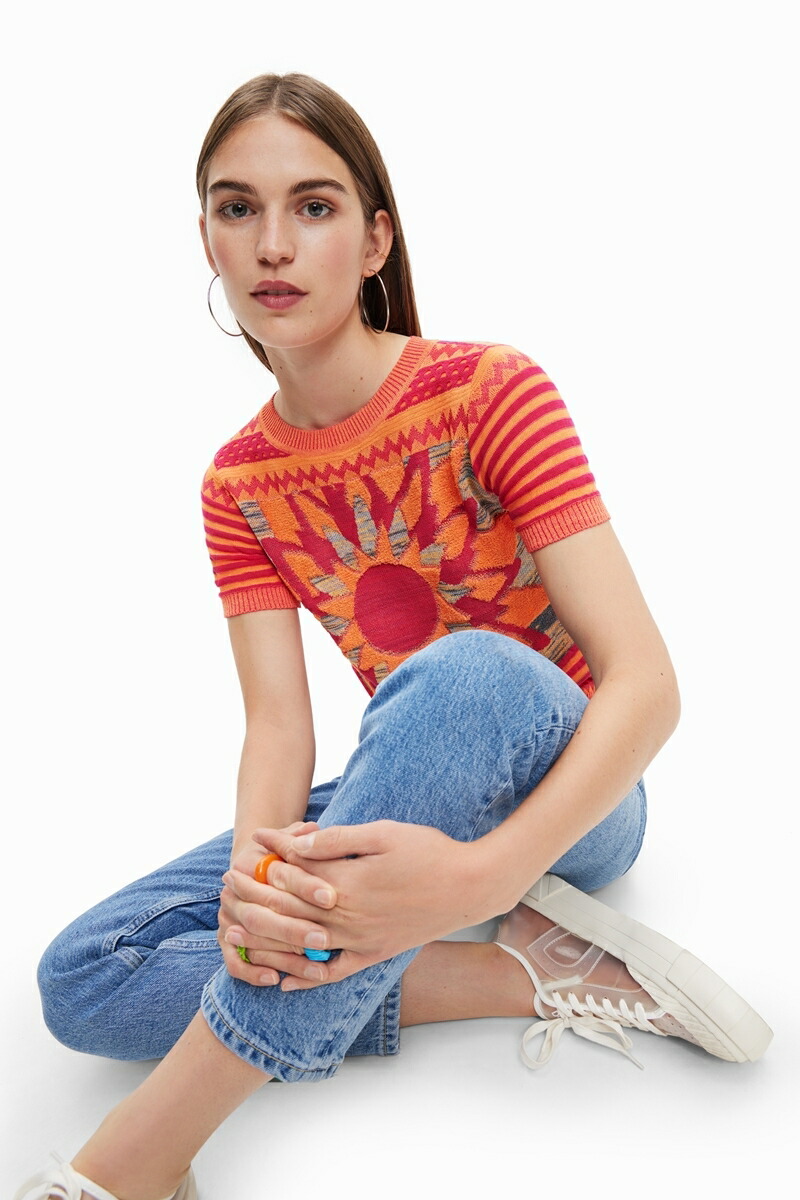 デシグアル Desigual 風景モチーフ ニットTシャツ （オレンジ） デシグアル Desigual 風景モチーフ ニットTシャツ （オレンジ