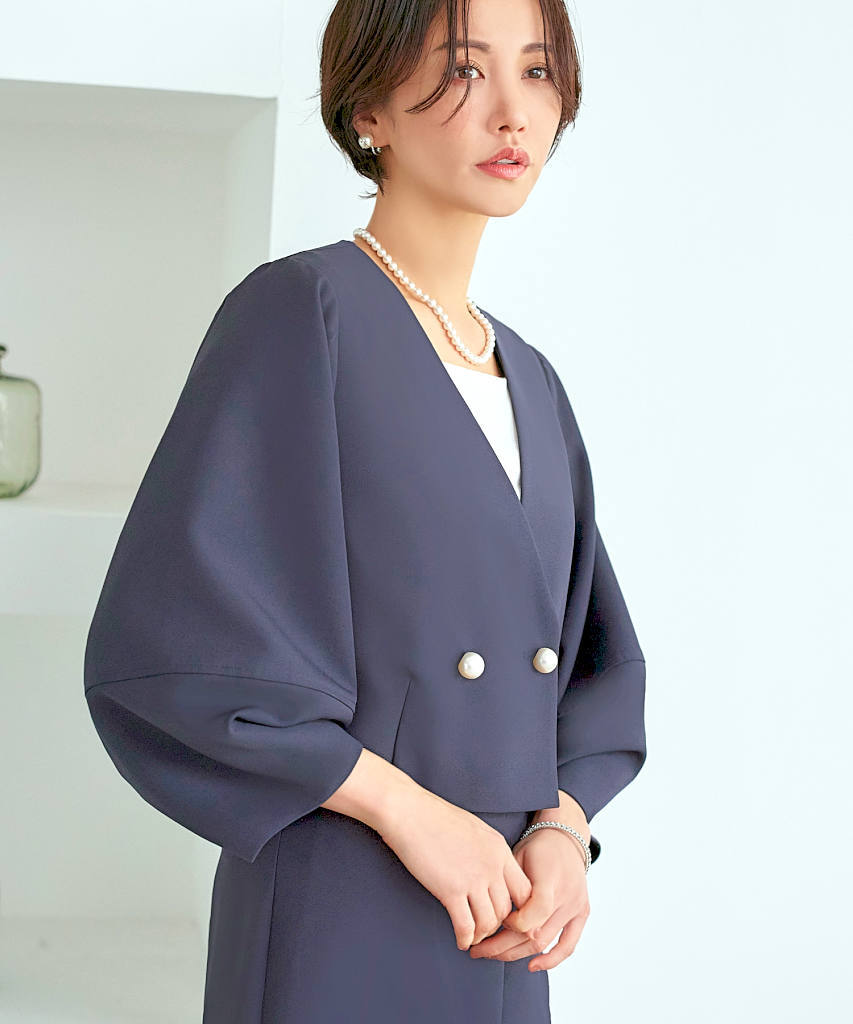 S～3L【選べる上衣原料品】 クロップドランタンスリーブジャケット＆ロングタイトスカートスーツ／ルイルエブティック（RUIRUE BOUTIQUE）
