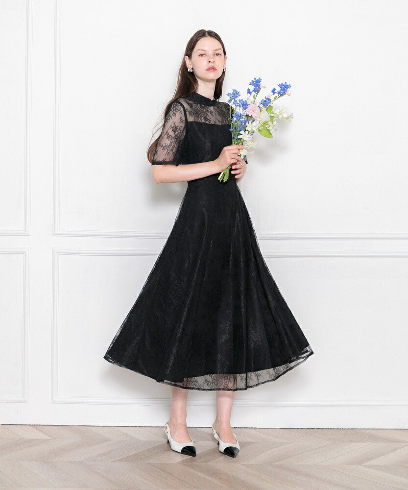 LEJA パールネックパフスリーブボレロ格子レースワンピースドレス セール】【LEJA】パールネックパフスリーブボレロ格子レース