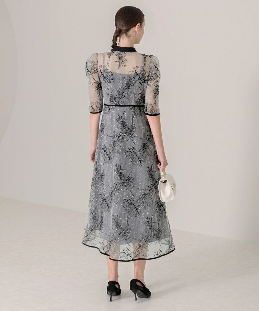 LEJA】配色パイピングプチハイネック花柄刺繍ラメレースロング丈ドレス