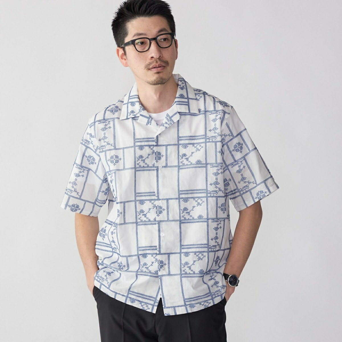 SHIPS: エンブロイダリー オープンカラー シャツ／シップス（SHIPS）