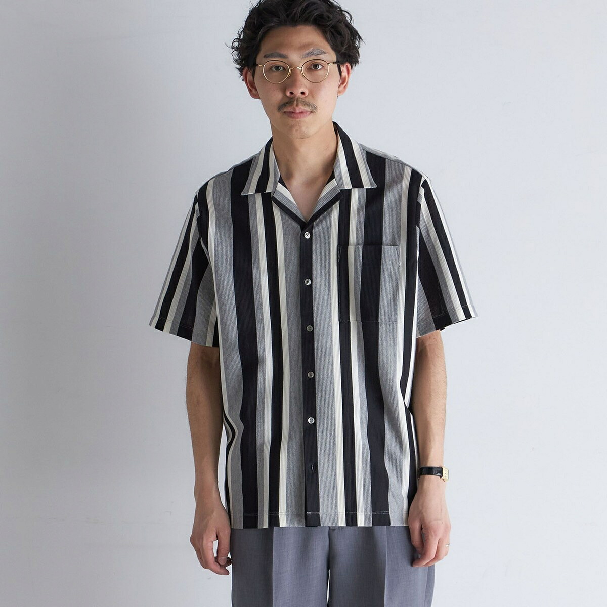 SHIPS: ハニカム ストライプ オープンカラー シャツ/シップス(SHIPS)
