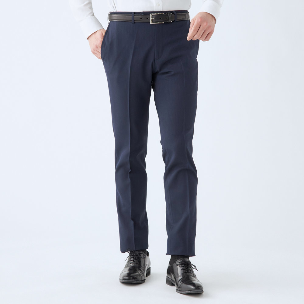 【洗えるテーパードパンツ】ノータック ネイビー シャドーストライプ ストレッチ 撥水加工／スーツセレクト（SUIT SELECT）