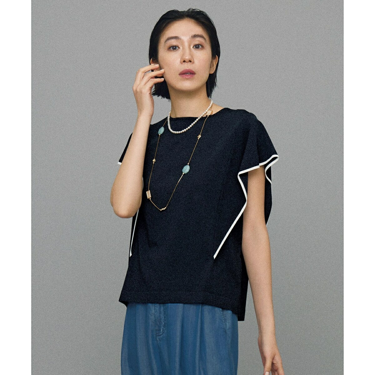 【カタログ掲載・接触冷感・UVカット・洗える】クレープストレッチフレアスリーブ ニット／自由区（JIYU-KU）