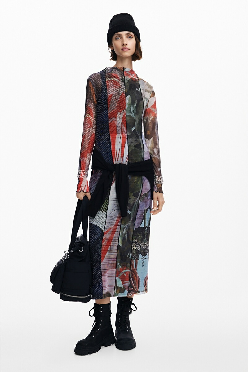 【新品未使用】Desigual（デシグアル）Aラインロングプリントワンピース デシグアル Desigual TOKYO ワンピースロングスリーブ （グレー