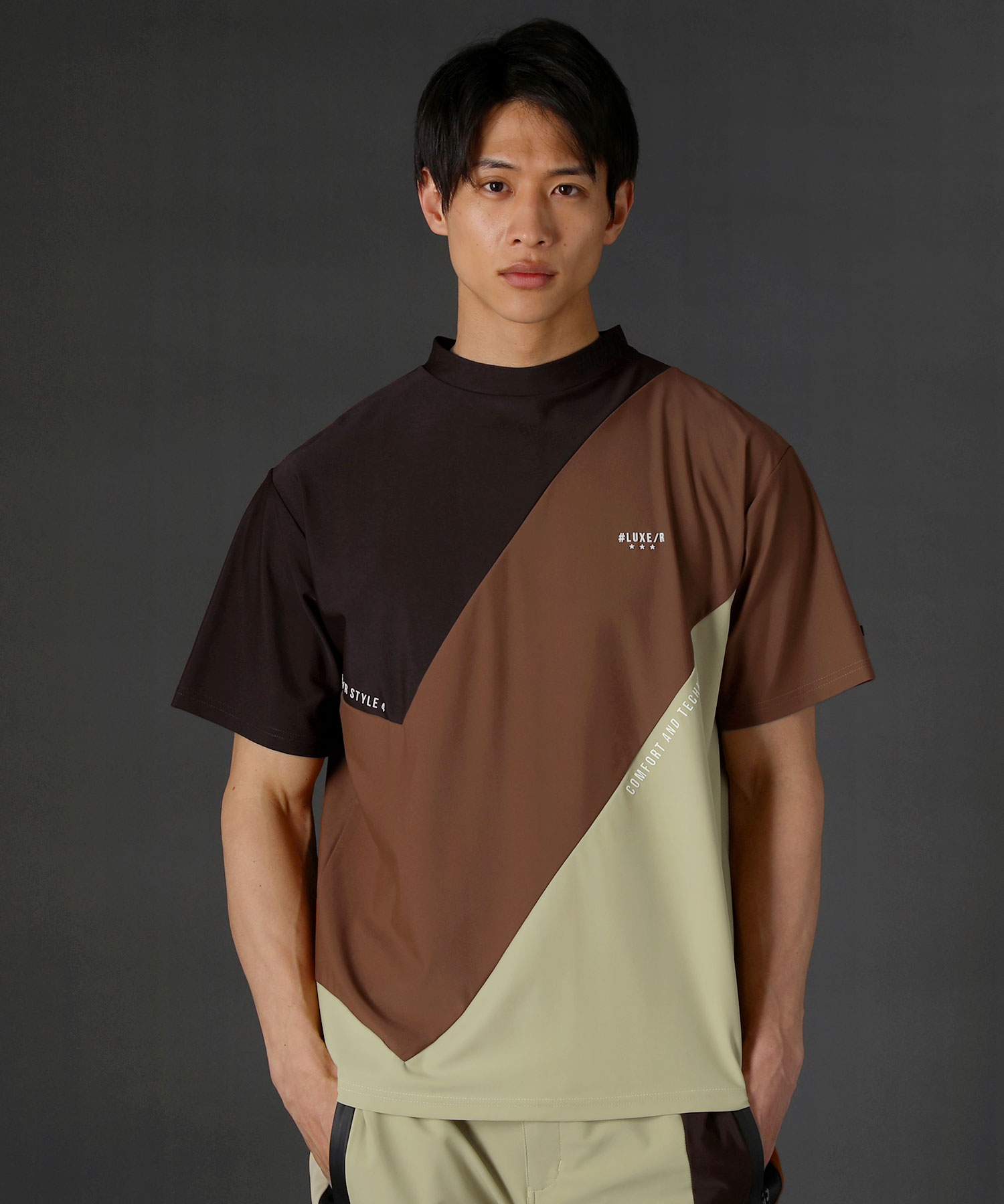 ＜LUXE/R＞スムースストレッチdiagonal Color scheme ハイネックカットソー／レジェス（REZES）