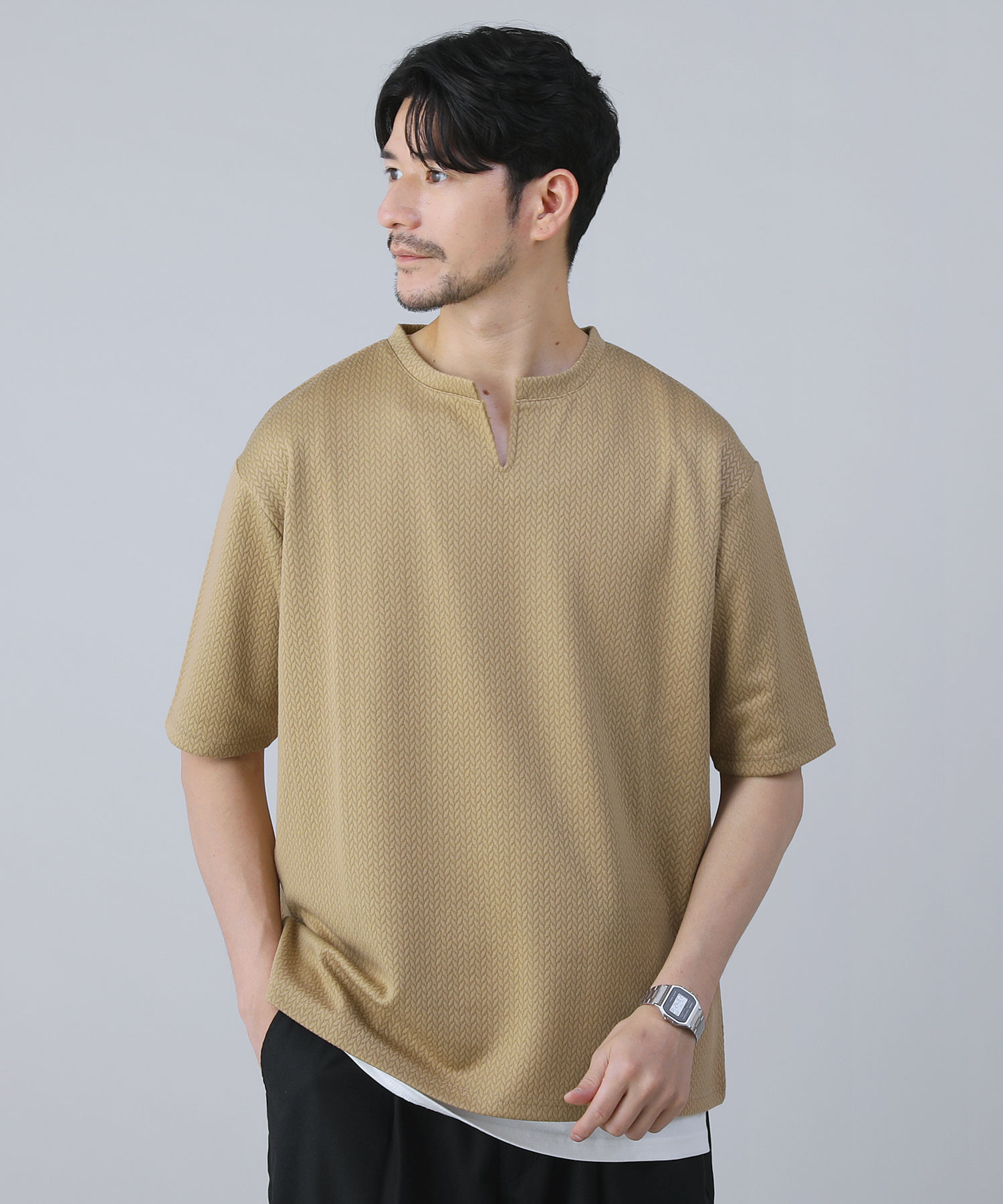 ＜ALLOWED TO UNFOLD＞編み柄ジャガードスキッパー半袖Tシャツ／スプートニクス（SPUTNICKS）