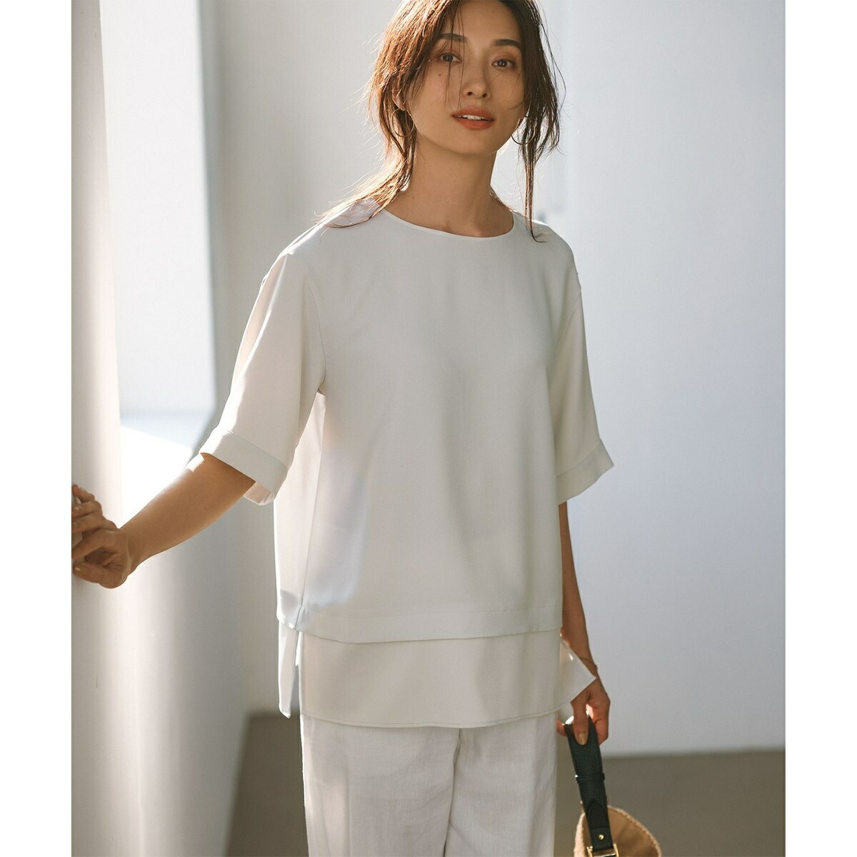 【洗える】伸ばすことジョーゼット ラウンドのど首 カットソー／23区（23KU） Tシャツ・カットソー-トップス