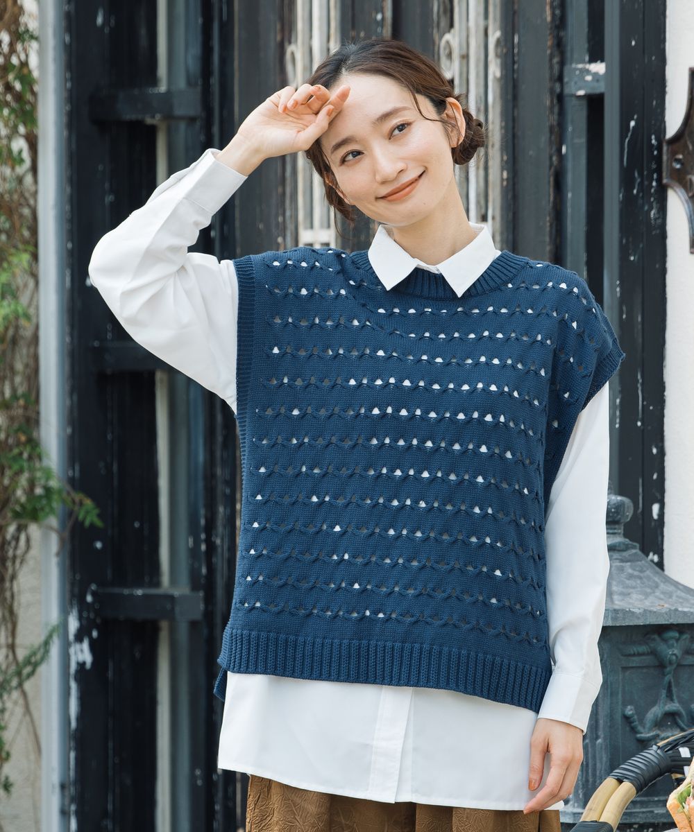 【大きいサイズ】 9号・15号(M・3L) 【MADE IN JAPAN】アイレットニットベスト／サブ ストリート（sab street）