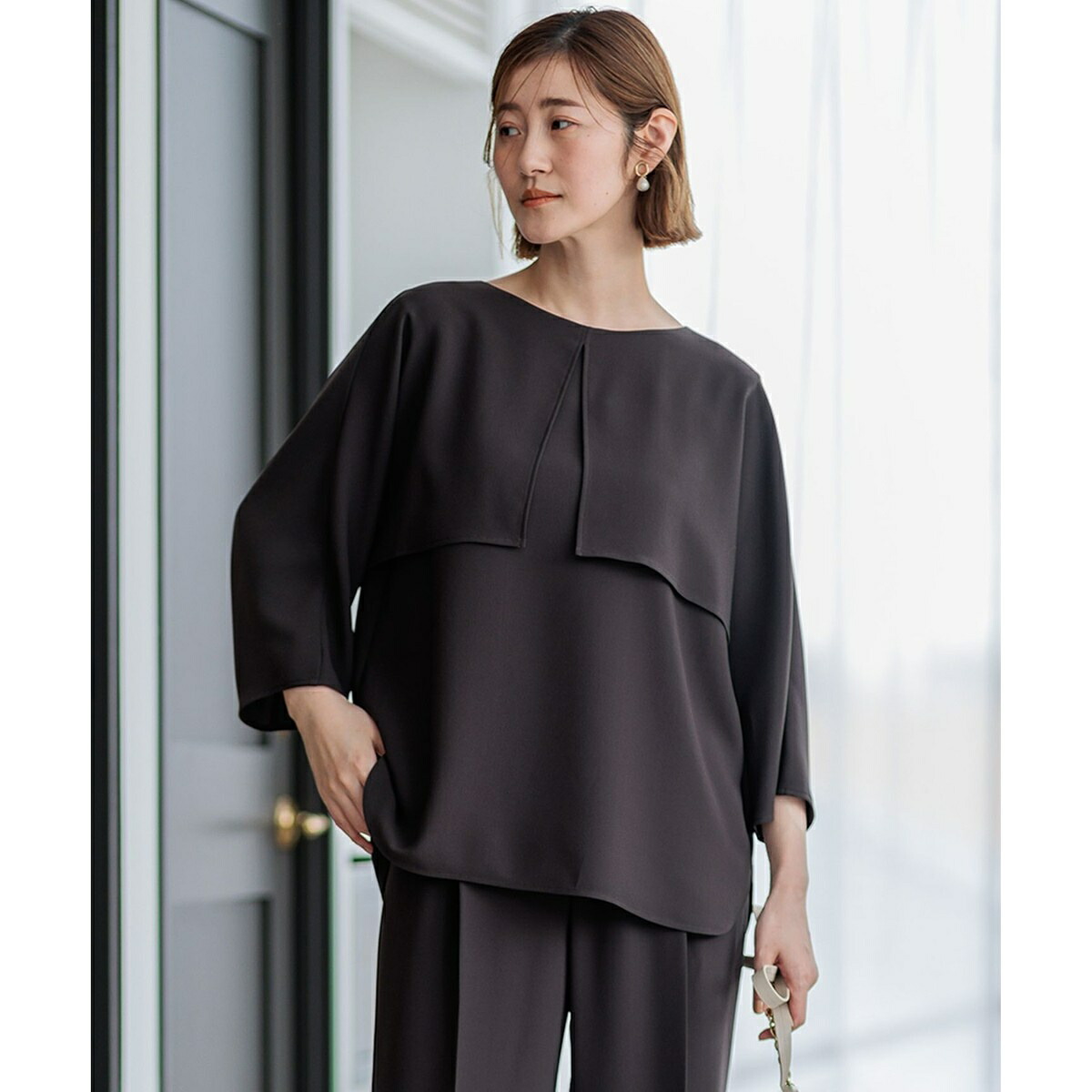【洗える】ストレッチジョーゼット ラウンドネック カットソー 洗える】ストレッチジョーゼット ラウンドネック カットソー