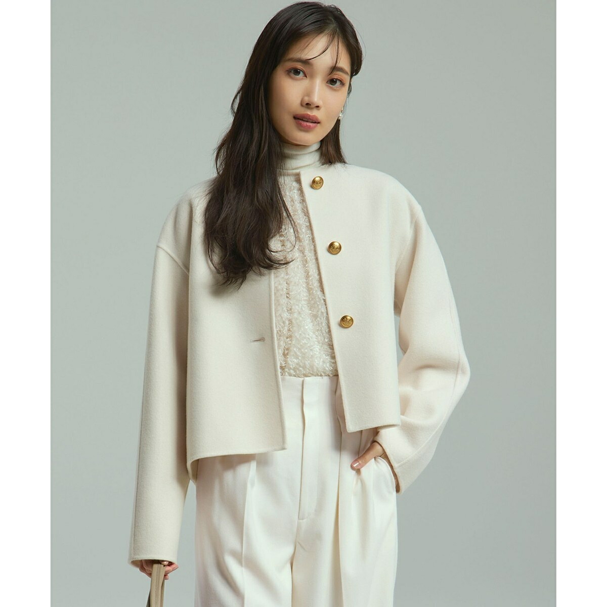 美品２３区Ｌ ＭＡＮＴＥＣＯリバーショートコート４４ライトベージュ大きいサイズ 滝沢眞規子さん着用/Oggi1月号掲載】MANTECOPure リバーコート