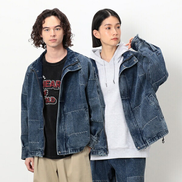 パッチワーク風デニムショートブルゾン／パープル＆イエロー（Purple ＆ Yellow）