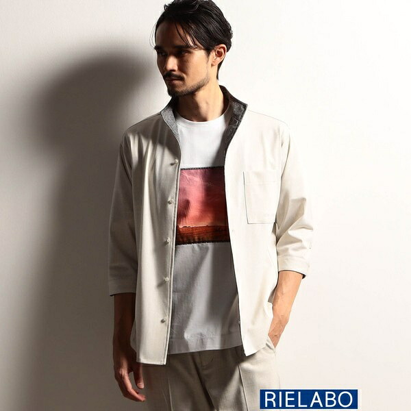 【25年モデル EC限定再販売】【RIELABO】カスレプリント ７分袖スタンドカラーシャツ／ニコルクラブフォーメン（NICOLE CLUB FOR MEN）