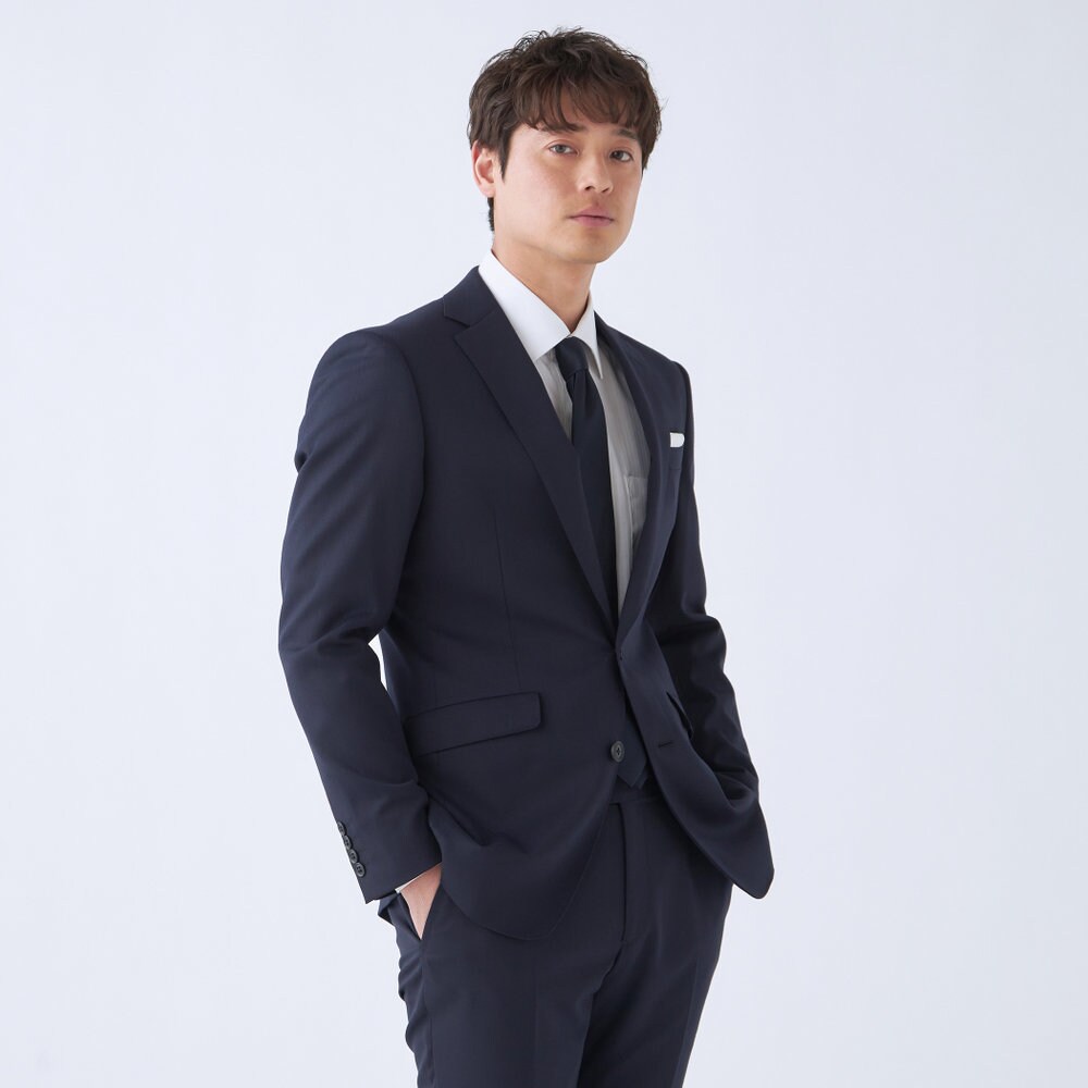 【オールシーズン】2釦ノータックスーツ ネイビー無地 ウエストムーブ ストレッチ／スーツセレクト（SUIT SELECT）｜丸井（マルイ）店