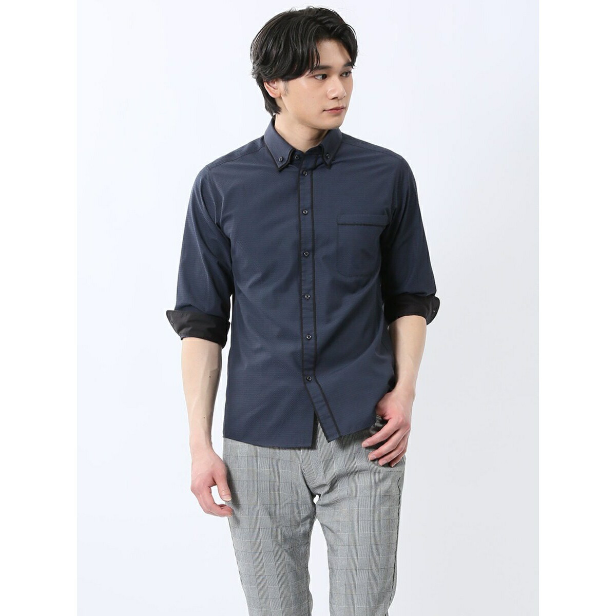 m.f.エディトリアル ダイヤ柄ドビー 二枚衿ボタンダウン 7分袖シャツ／m.f.エディトリアル（m.f.editorial）
