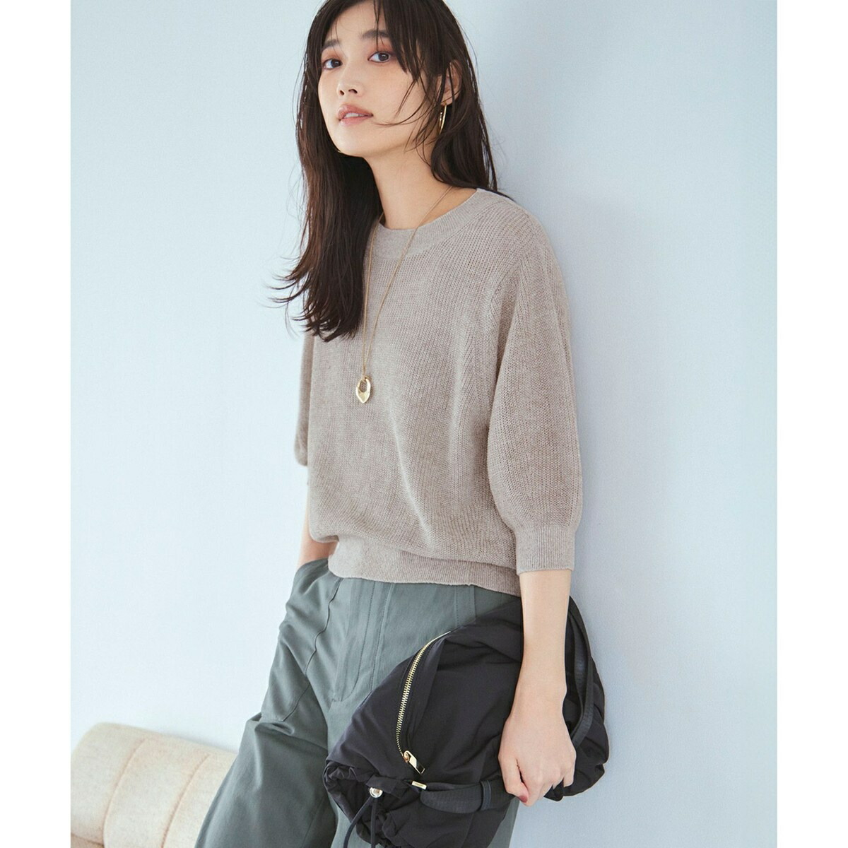 25SS／極美品 23区 ピュアリネン パフスリーブ ニット 杏さん着用 38 23区 ニット セーター 「洗える」ピュアリネン パフスリーブ