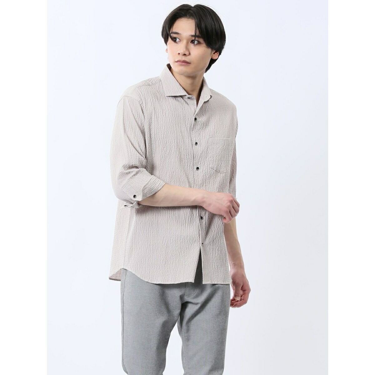 m.f.エディトリアル ふくれチェック カッタウェイカラー7分袖シャツ／タカキュー（TAKA-Q） 6,778円