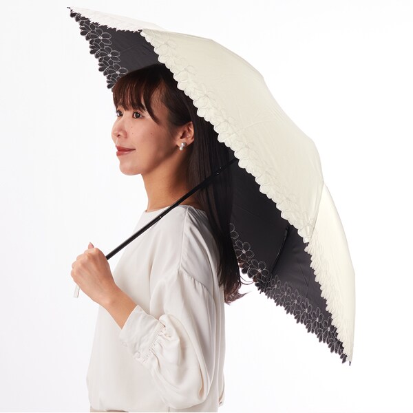 【晴雨兼用　日傘　UVカット率・遮光率100％生地使用 】 PU軽量フラワー刺繍ミニ折りたたみ傘／カシュネ（cache nez）