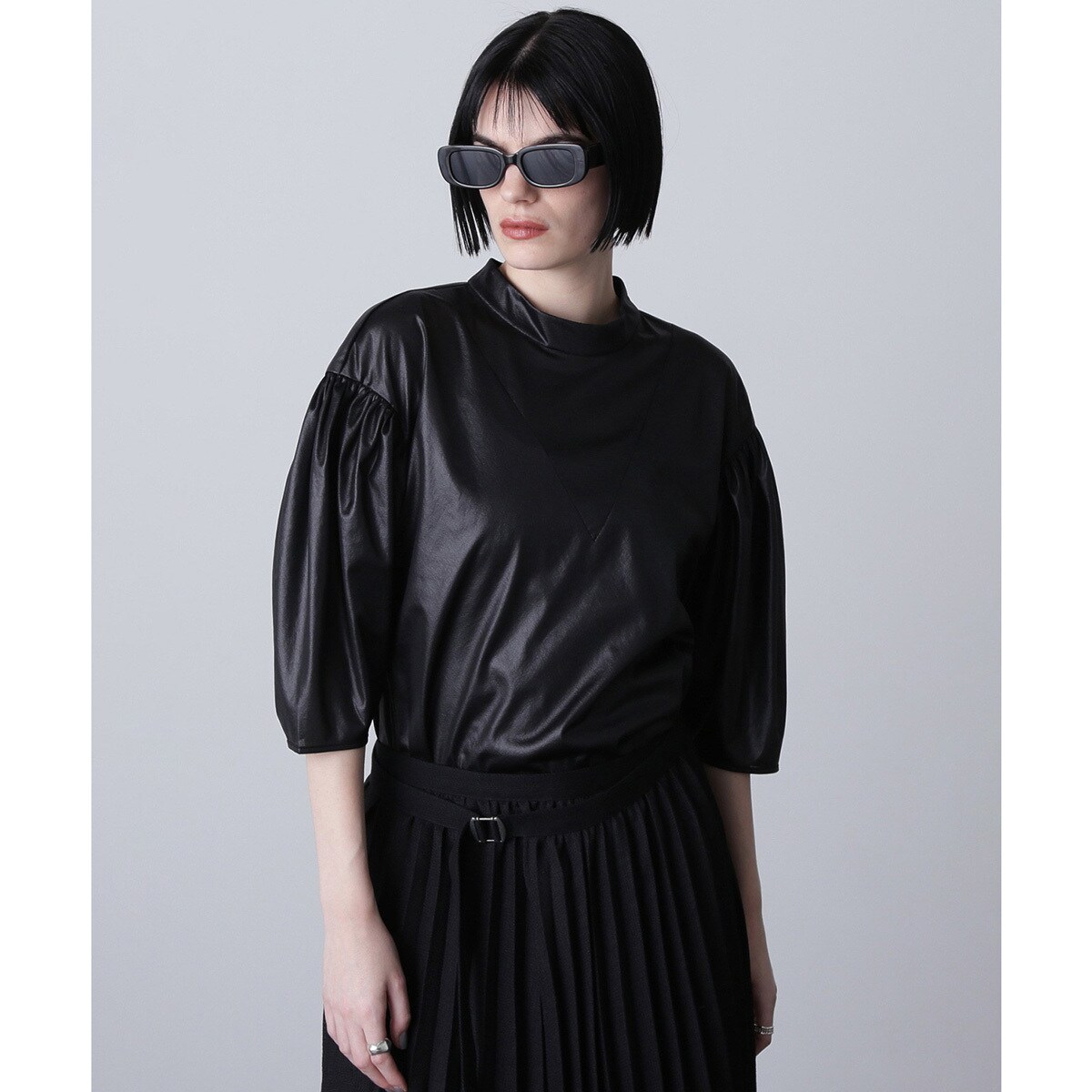 (mici)VOLUME SLEEVE TRICOT CHIFFON TOP／ローズバッド（ROSE BUD）