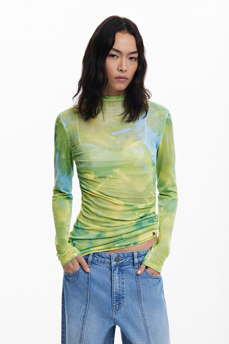 【5サイズ展開/XS/XL】水彩画風ドレープシアーカットソー／デシグアル（Desigual）