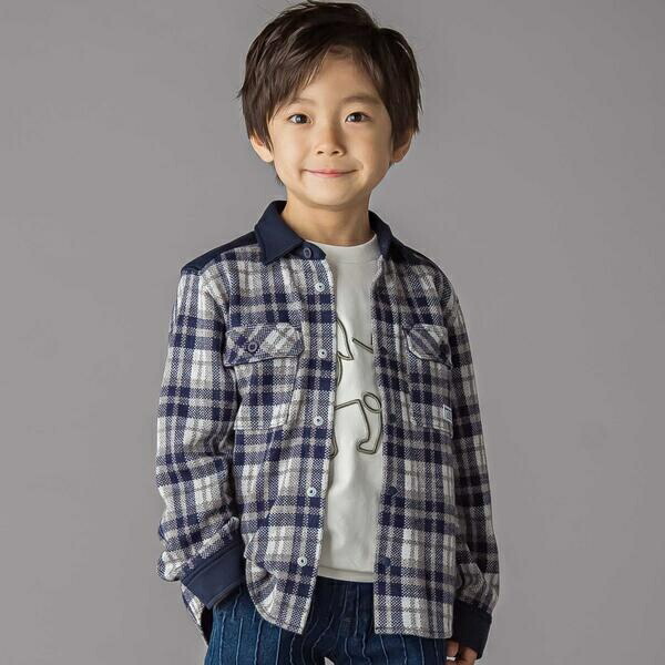 配色切り替えニットチェックシャツ(95~150cm)／ベベ プチ ポワ ヴェール（BeBe Petits Pois Vert）