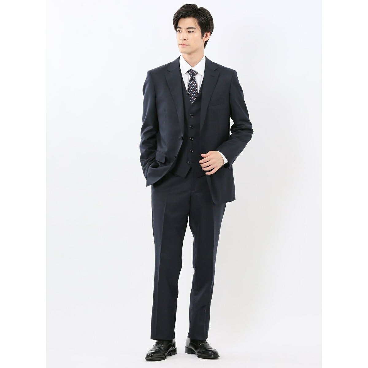 【ストレッチ 光沢 ウール混】m.f.エディトリアル 2ボタン3ピース スーツ ツイル紺／m.f.エディトリアル（m.f.editorial）