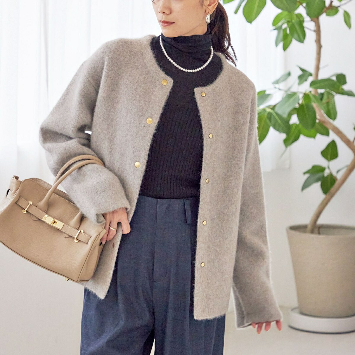 フォックス ブレンド ノーカラー ニット コート／シップス（SHIPS）