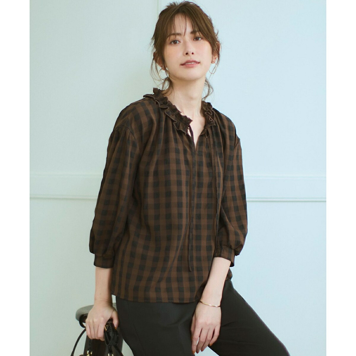 【WEB＆一部店舗限定】ブロックチェック フリル ブラウス／23区（23KU）