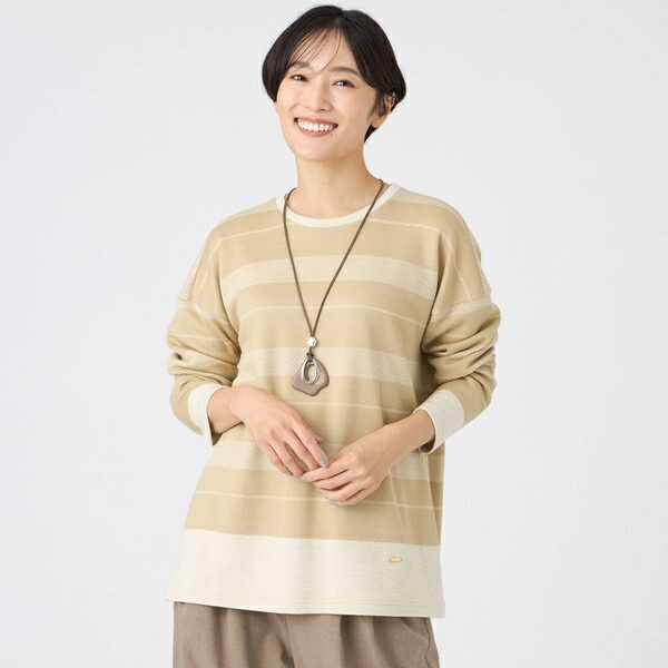 【ウォッシャブル】絨毛混ジャカードジャージーボーダーカットソー／エヴェックス バイ クリツィア（EVEX by KRIZIA） Tシャツ・カットソー-トップス-レディースファッション