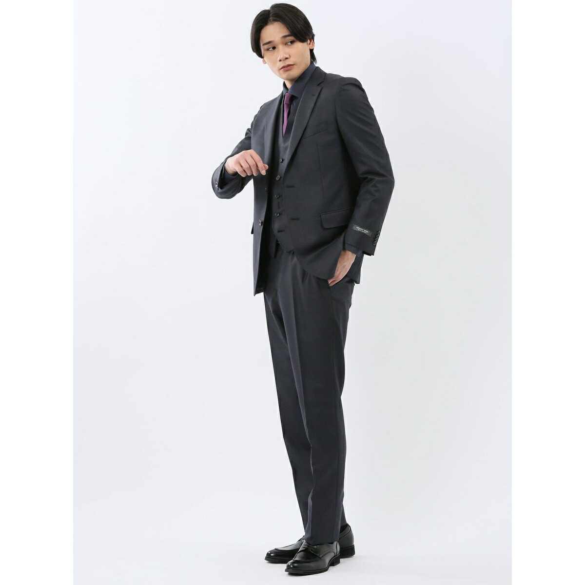 【光沢 ウール混 ストレッチ】m.f.エディトリアル 2ボタン3ピース セットアップスーツ 組織紺／m.f.エディトリアル（m.f.editorial）